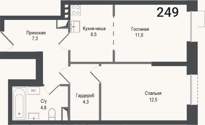 Планировка: 2-к, 46,4 м²