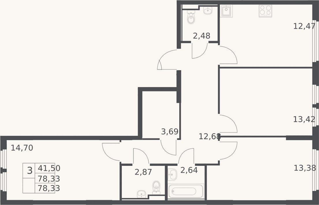Планировка: 3-к, 78,3 м²