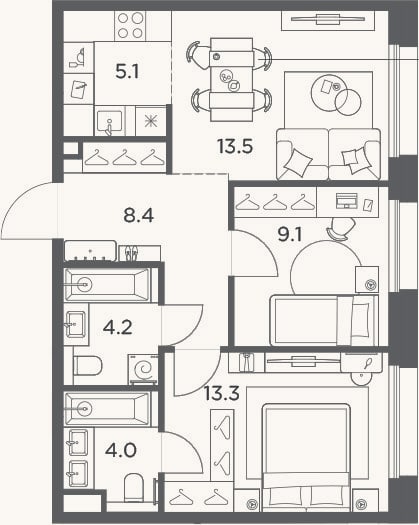 Планировка: 3-к, 57,6 м²