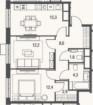 Планировка: 3-к, 58,9 м²