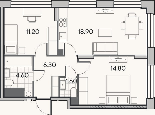Планировка: 3-к, 57,4 м²