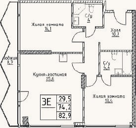 Планировка: 3-к, 74,2 м²