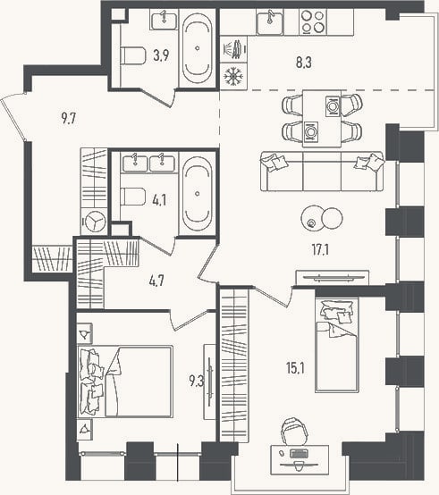 Планировка: 3-к, 72,2 м²