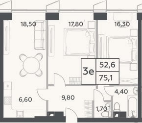 Планировка: 3-к, 75,1 м²