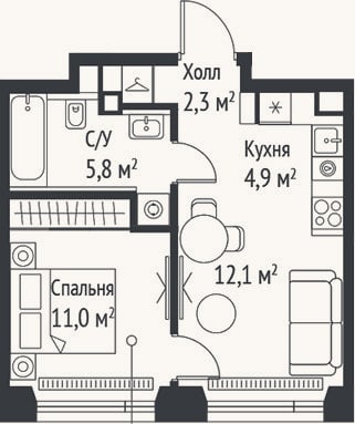 Планировка: 2-к, 36,1 м²