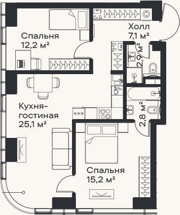 Планировка: 3-к, 65,3 м²