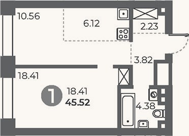 Планировка: 1-к, 45,5 м²