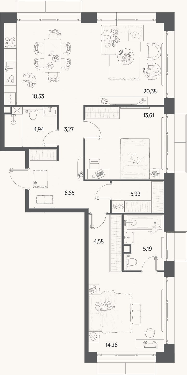Планировка: 3-к, 89,5 м²