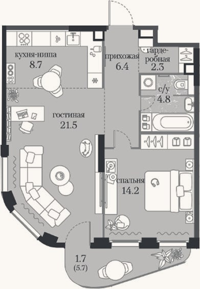 Планировка: 1-к, 57,9 м²