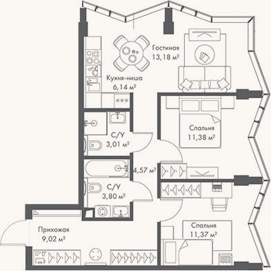 Планировка: 3-к, 62,5 м²