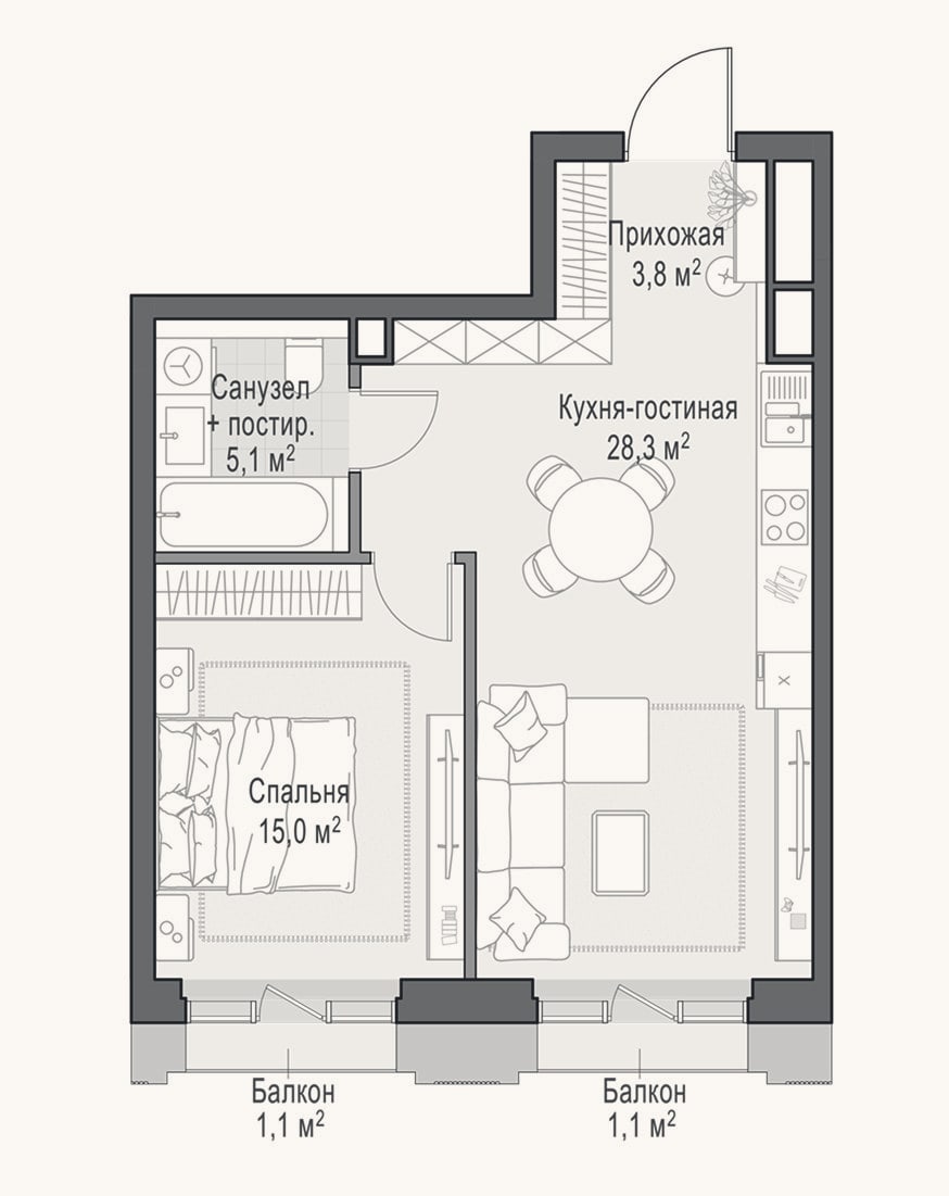 Планировка: 2-к, 52,3 м²