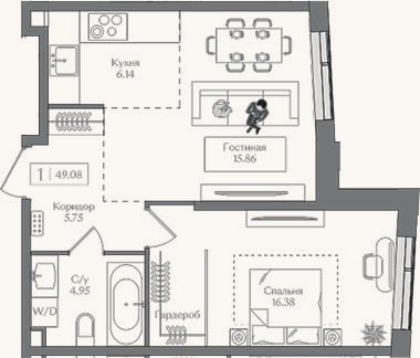 Планировка: 2-к, 49,1 м²