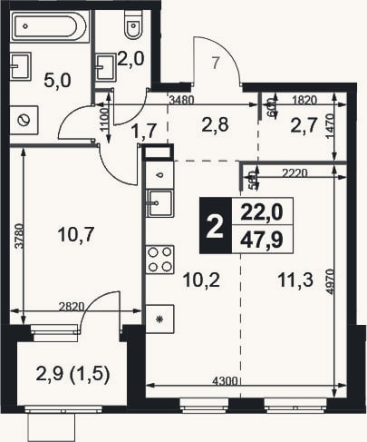 Планировка: 2-к, 46,4 м²