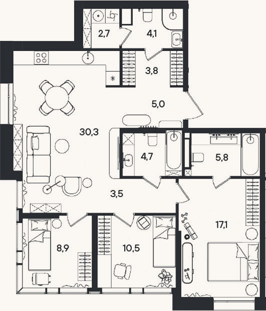 Планировка: 4+ к, 96,4 м²