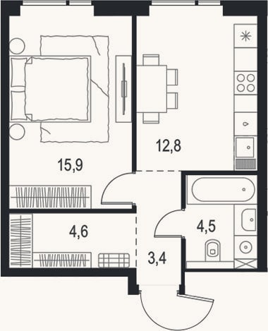 Планировка: 1-к, 41,2 м²