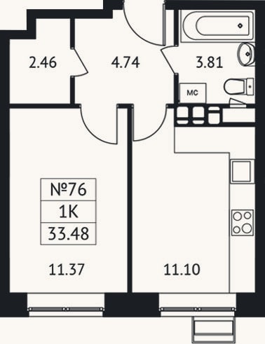 Планировка: 1-к, 33,5 м²