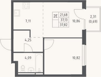 Планировка: 2-к, 37,1 м²