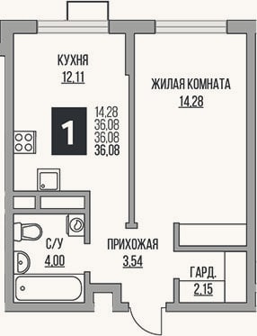 Планировка: 1-к, 36,1 м²