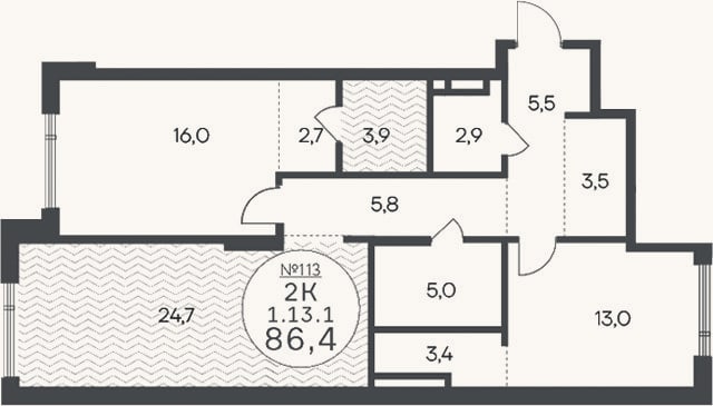 Планировка: 3-к, 86,4 м²