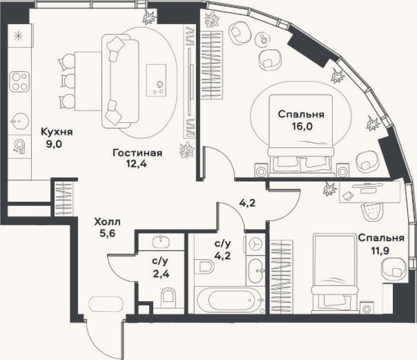 Планировка: 3-к, 65,7 м²