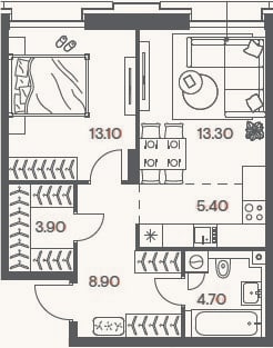 Планировка: 2-к, 49,3 м²