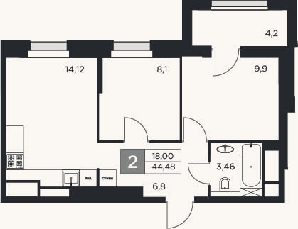 Планировка: 2-к, 42,4 м²