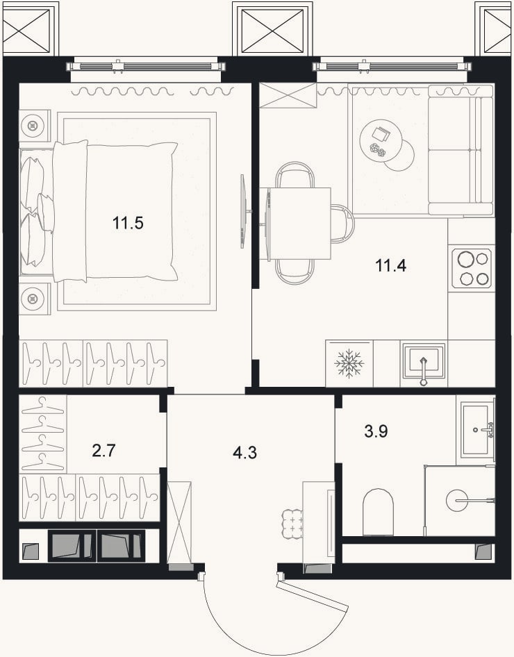 Планировка: 1-к, 33,5 м²