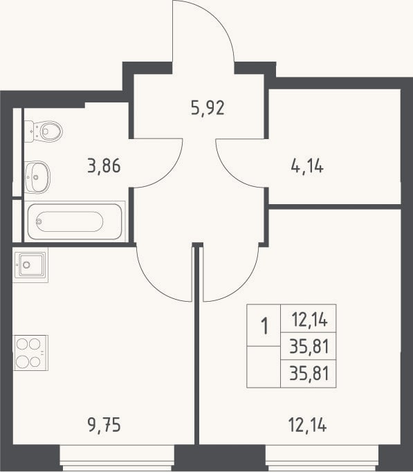 Планировка: 1-к, 35,8 м²