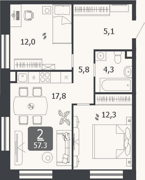 Планировка: 3-к, 57,3 м²