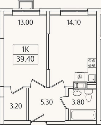 Планировка: 1-к, 39,4 м²