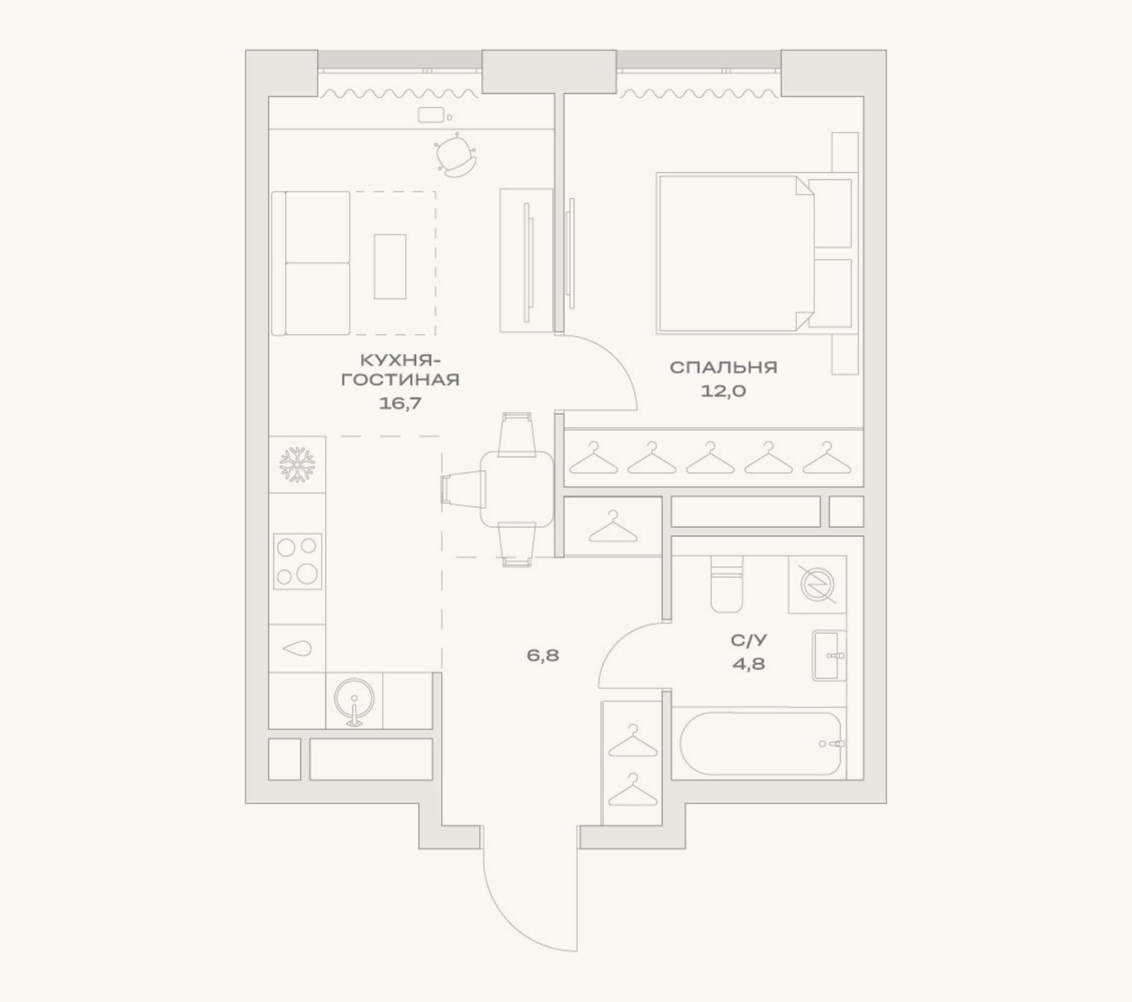 Планировка: 2-к, 41,2 м²