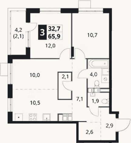 Планировка: 3-к, 63,8 м²