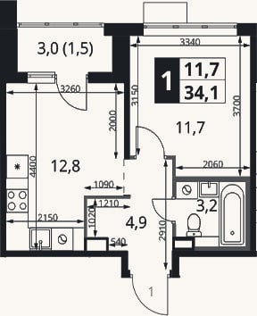 Планировка: 1-к, 32,6 м²