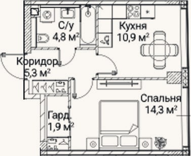 Планировка: 1-к, 36,6 м²