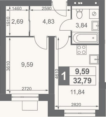 Планировка: 1-к, 32,8 м²