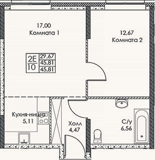 Планировка: 2-к, 45,8 м²