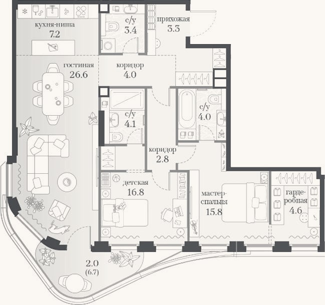 Планировка: 2-к, 92,6 м²