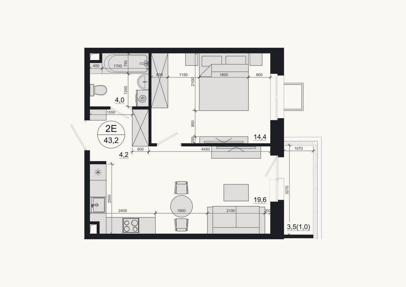 Планировка: 2-к, 42,1 м²