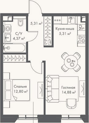 Планировка: 2-к, 42,7 м²
