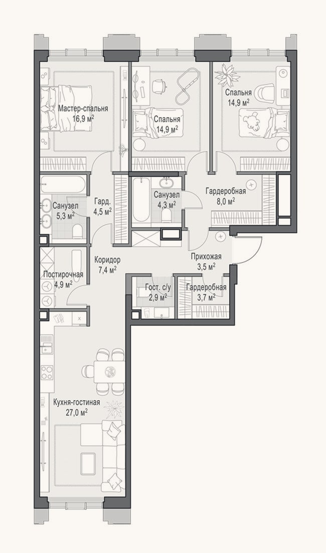 Планировка: 4+ к, 119 м²