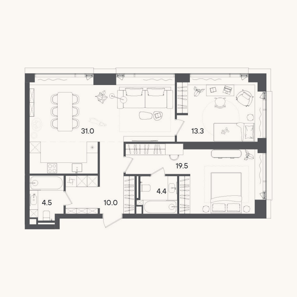Планировка: 3-к, 82,7 м²