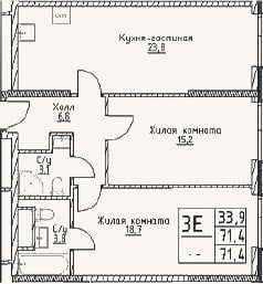Планировка: 3-к, 71,4 м²