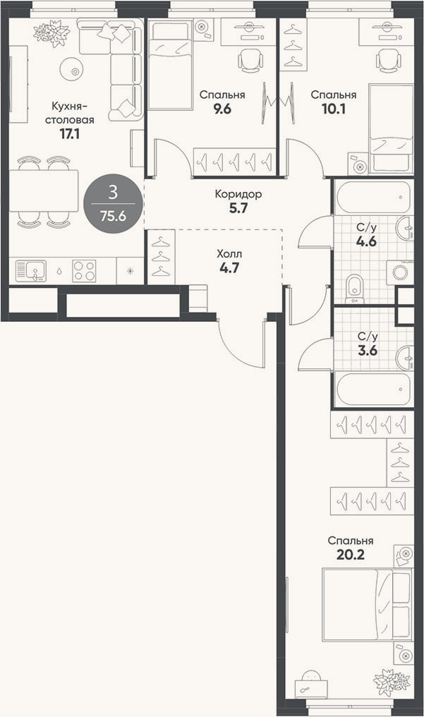 Планировка: 4+ к, 75,6 м²