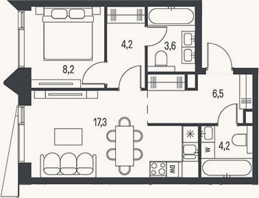 Планировка: 2-к, 44,7 м²