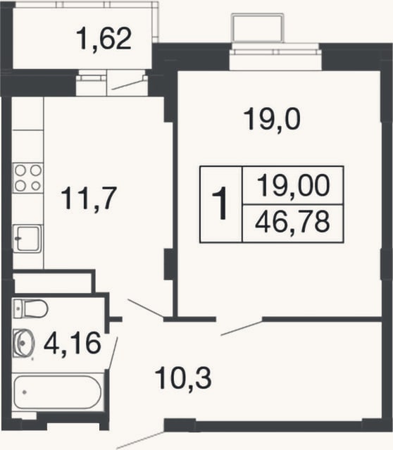 Планировка: 1-к, 45,2 м²