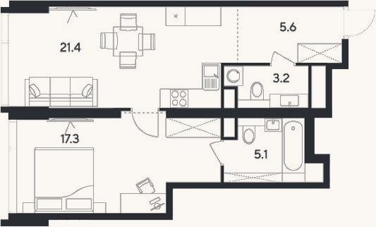 Планировка: 2-к, 52,6 м²