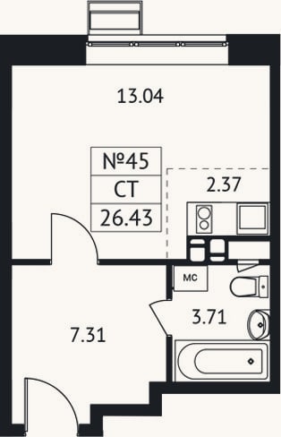 Планировка: Студия, 26,4 м²