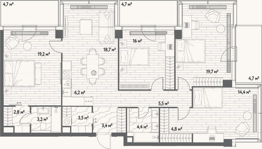 Планировка: 4+ к, 121,8 м²