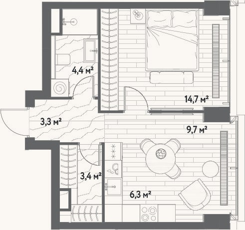 Планировка: 2-к, 41,8 м²