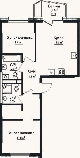 Планировка: 2-к, 56,4 м²